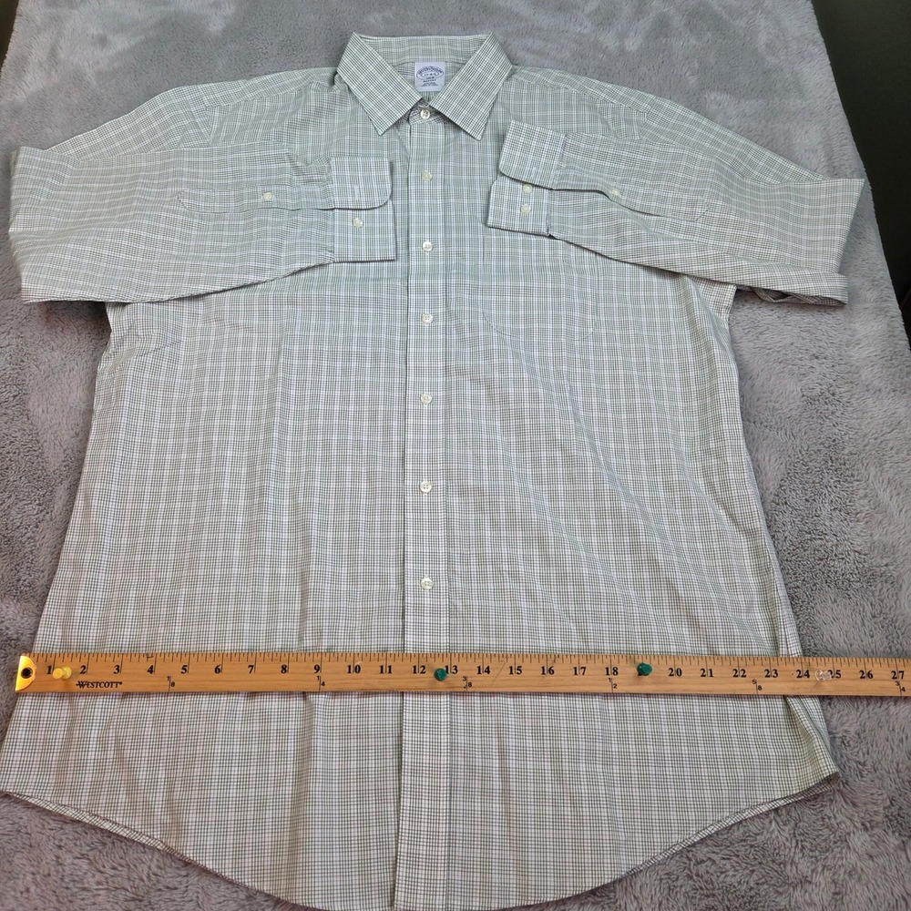 Brooks Brothers Shirt Mens 17-34/35 Regent Fit Non-Iron Micro Check Green White